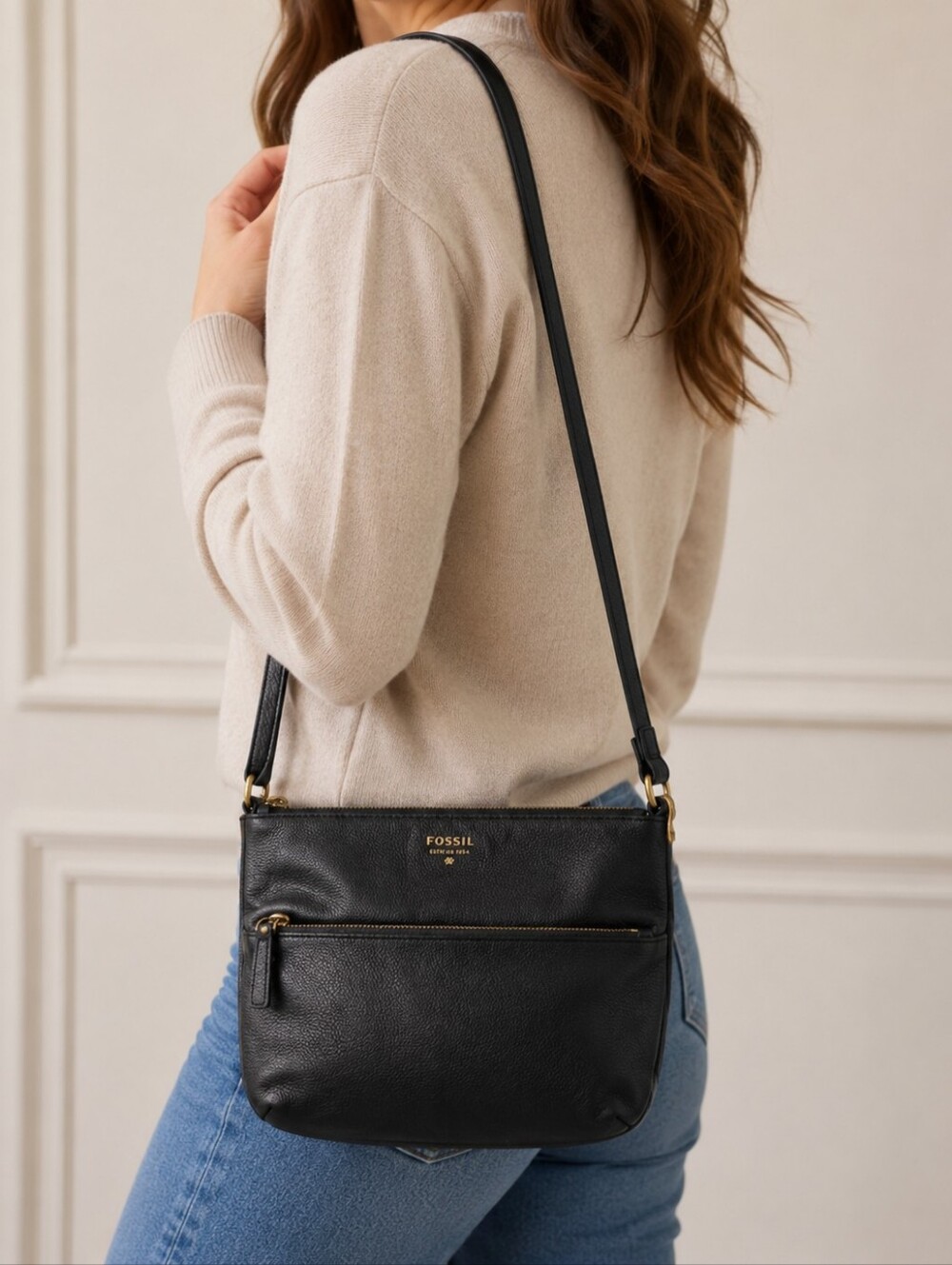 Fossil Black Leather Crossbody Bag Purse Classic Everyday Shoulder Bag